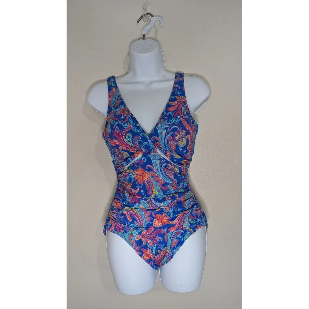 Lauren Ralph Lauren SZ 10 Blue Paisley Ruched One Piece Swimsuit Tummy Control